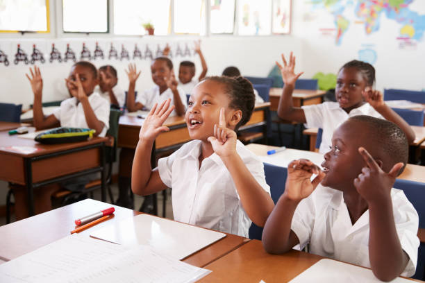 Kids showing hands during a lesson at an elementary school